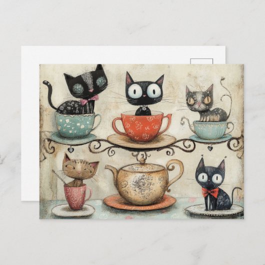 Carte Postale Chats Whimsical Tea Cup (Devant / Derrière)