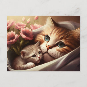 Carte Postale Chatte et chaton aux fleurs roses