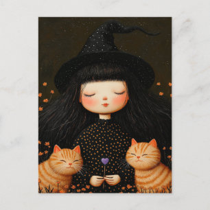 Carte postale Chatte sorcière et chats Halloween
