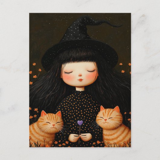 Carte postale Chatte sorcière et chats Halloween (Devant)
