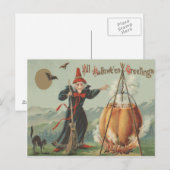 Carte Postale Chaudière Citrouille Sorcière Sort Chat Noir (Devant / Derrière)