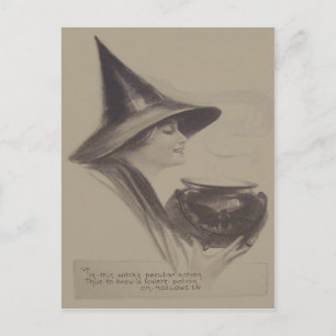 Carte Postale Chaudière de sorcière souriante Sort Potion Sépia