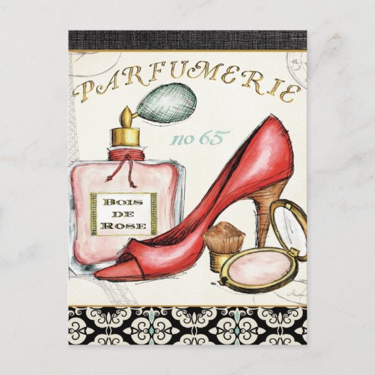 Carte Postale Chaussure rouge, Bouteille de parfum et Poudre rou (Devant)