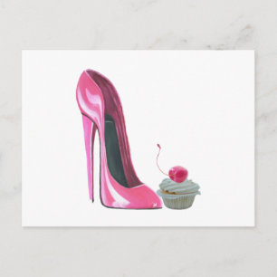 Carte Postale Chaussure Stiletto Rose et Cupcake