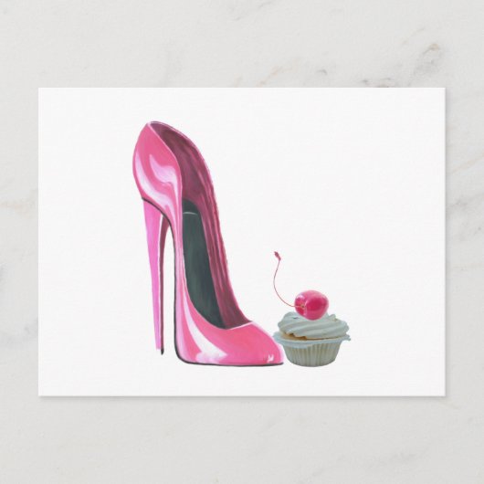 Carte Postale Chaussure Stiletto Rose et Cupcake (Devant)