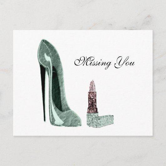 Carte Postale Chaussure Stiletto Vert et Art Lipstick (Devant)