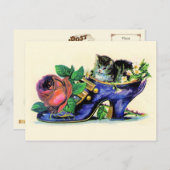 Carte Postale Chaussure victorienne avec chaton et Rose (Devant / Derrière)