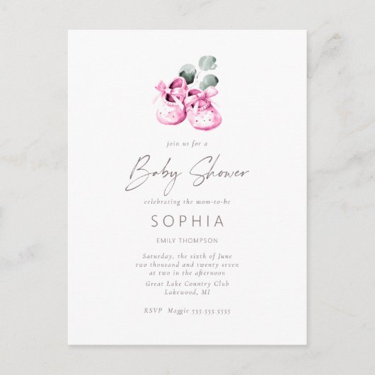 Carte Postale Chaussures de bébé rose Baby shower délicat (Devant)