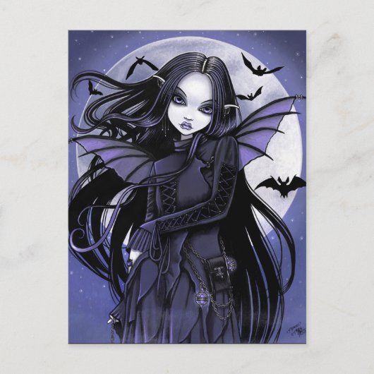 Carte Postale Chauve-souris gothique Vampire Pleine lune Fée vio (Devant)