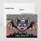 Carte Postale Chauve-souris volant au-dessus d'une ville psychéd (Devant / Derrière)