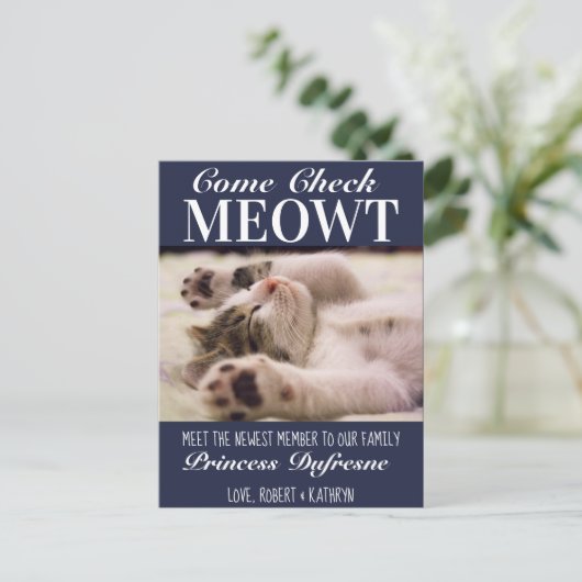 Carte Postale "Check Meowt" Nouveau Chat Faire-part bleu (Debout devant)