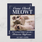 Carte Postale "Check Meowt" Nouveau Chat Faire-part bleu (Devant / Derrière)