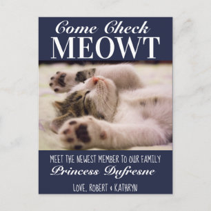 Carte Postale "Check Meowt" Nouveau Chat Faire-part bleu
