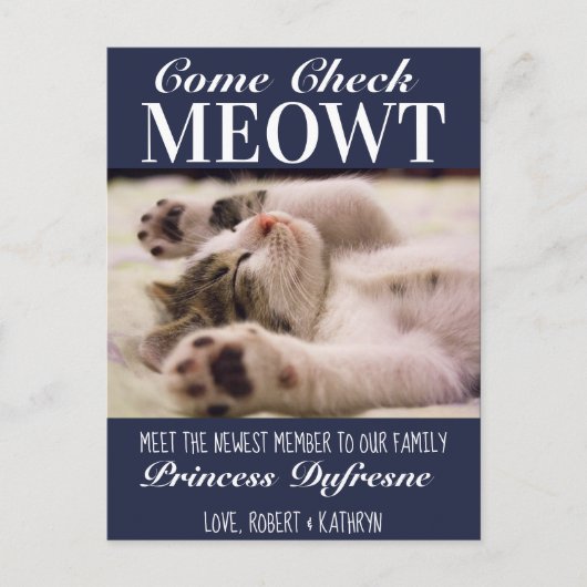 Carte Postale "Check Meowt" Nouveau Chat Faire-part bleu (Devant)
