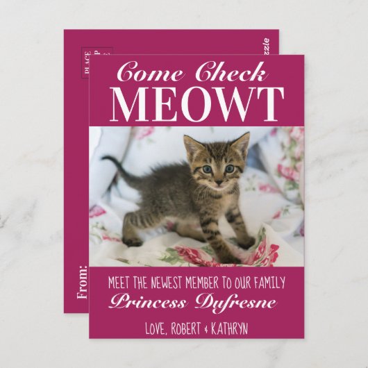 Carte Postale "Check Meowt" Nouveau Chat Faire-part pourpre (Devant / Derrière)