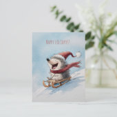 Carte Postale Cheerful hedgehog rides sled down, Christmas  (Debout devant)
