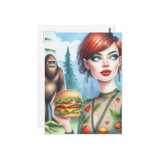 Carte Postale Cheeseburger avec sasquatch dans la forêt (Devant/Arrière en situation)