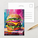 Carte Postale Cheeseburger coloré Art Abstrait moderne<br><div class="desc">Une peinture moderne amusante et ludique d'un cheeseburger géant chargé. L'oeuvre est mise en vie avec des coups de pinceau texturés et abstraits aux couleurs vives comme le rose, le bleu et le jaune. L'utilisation audacieuse de la couleur et de l'échelle exagérée donnent au cheeseburger une sensation énergique et fantaisiste....</div>