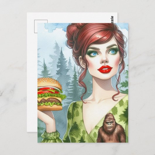 Carte Postale Cheeseburger dans la forêt à la recherche de Sasqu (Devant / Derrière)
