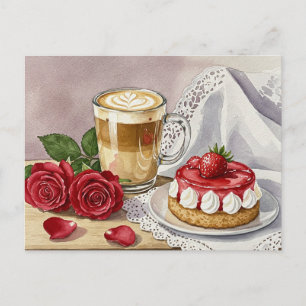 Carte postale Cheesecake Latte au café Fraise Rose