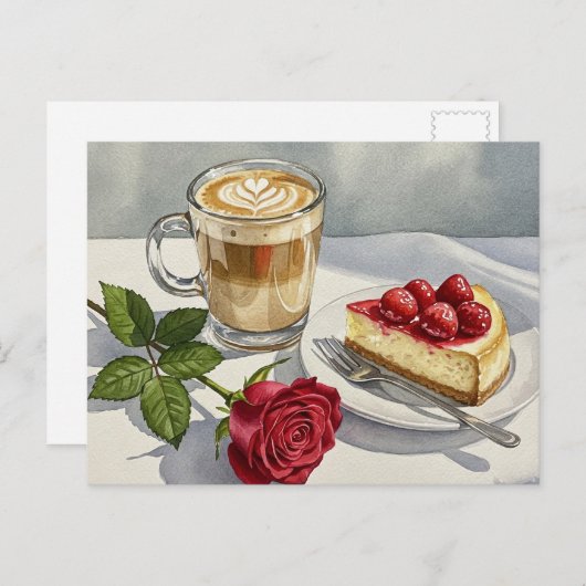 Carte postale Cheesecake Latte au café Rose rouge (Devant / Derrière)