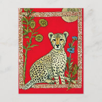 Cheetah sur un Arrière - plan rouge avec fleurs