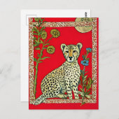 Carte Postale Cheetah sur un Arrière - plan rouge avec fleurs (Devant / Derrière)