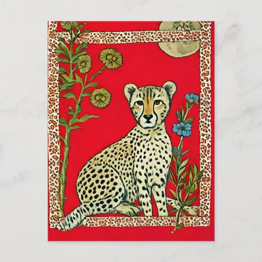 Carte Postale Cheetah sur un Arrière - plan rouge avec fleurs (Devant)