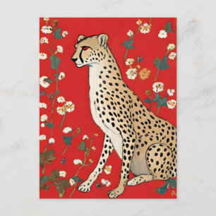 Carte Postale Cheetah sur un Arrière - plan rouge avec fleurs