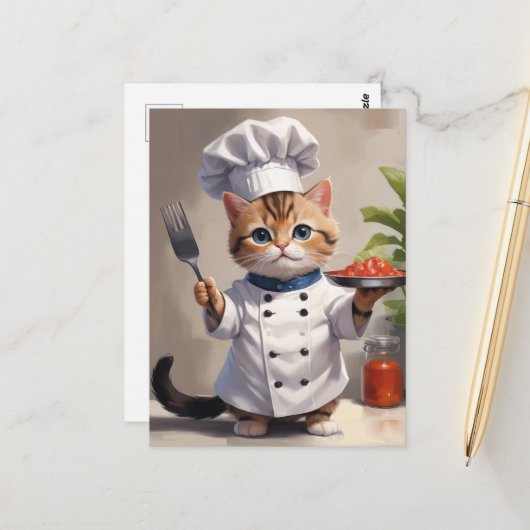 Carte Postale Chef Calico Kitten avec Cuisson Cuite à la fourche (Devant/Arrière en situation)