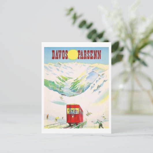 Carte Postale Chemin de fer Davos Parsenn, train rouge, voyage v (Debout devant)