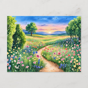 Carte Postale Chemin du coucher de soleil à travers une prairie