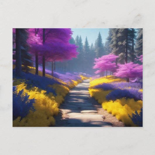 Carte Postale Chemin vibrant de la forêt violette à la lumière d (Devant)