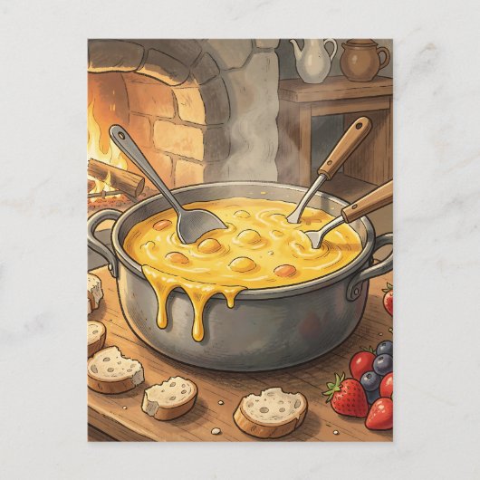Carte Postale Cheminée Fondue de Fromage Cosy (Devant)