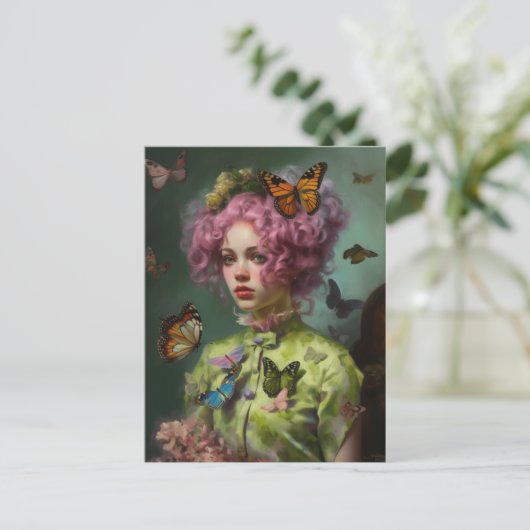 Carte Postale Chemise verte pourpre Ivy et femme papillon (Debout devant)