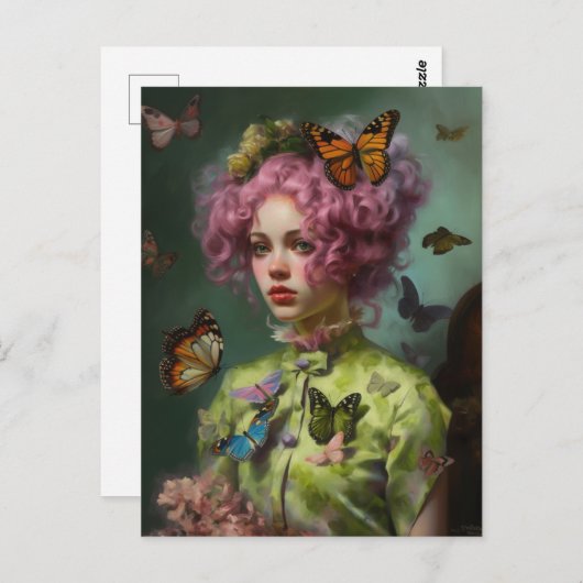Carte Postale Chemise verte pourpre Ivy et femme papillon (Devant / Derrière)