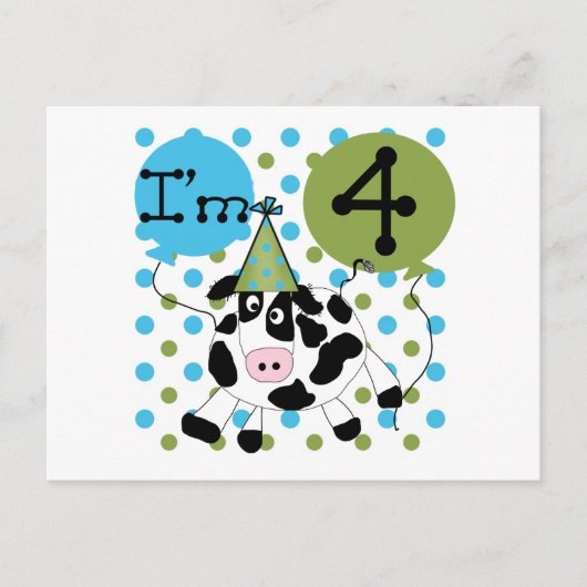 Carte Postale Chemises et cadeaux Blue Cow 4th Birthday (Devant)