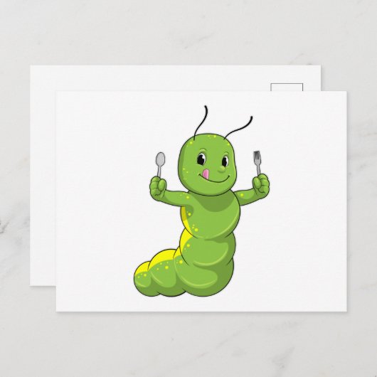 Carte Postale Chenille avec Cuillère & Fourchette (Devant / Derrière)