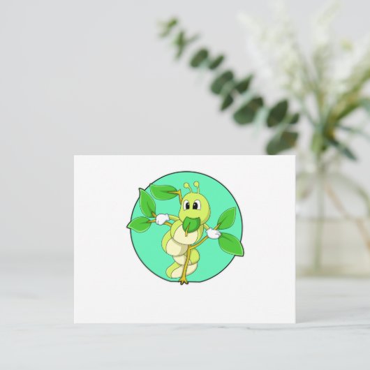 Carte Postale Chenille avec feuille (Debout devant)