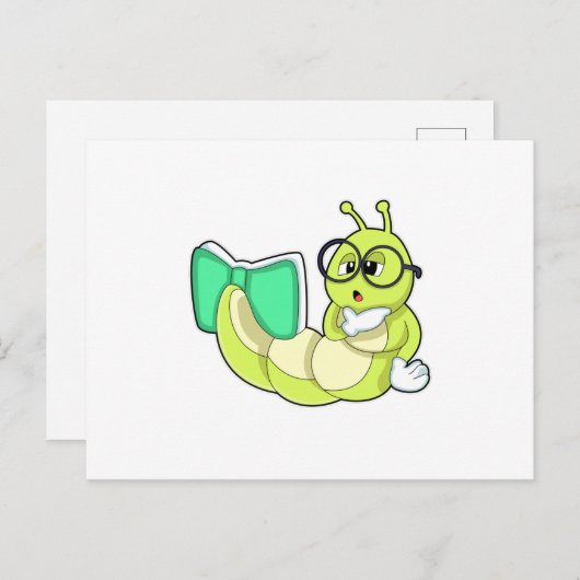 Carte Postale Chenille avec livre (Devant / Derrière)