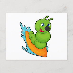 Carte Postale Chenille en surfeur avec planche de surf