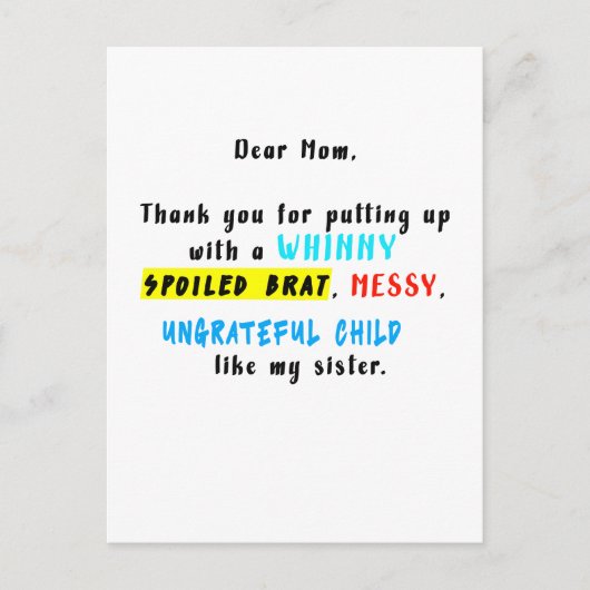 Carte Postale Chère maman merci de supporter un enfant gâté (Devant)