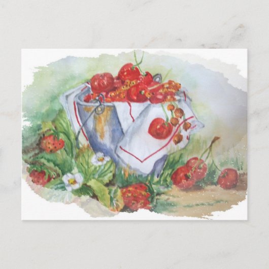 CARTE POSTALE CHERRIES ET STRAWBERRIES DANS UN BUCKET DE FER RUS (Devant)