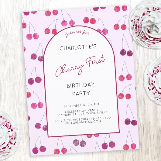 Carte Postale Cherry Pink Première fête d'anniversaire Invitatio