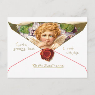 Carte Postale Cherub Valentine vintage aux fleurs violettes