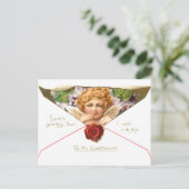 Carte Postale Cherub Valentine vintage aux fleurs violettes (Debout devant)