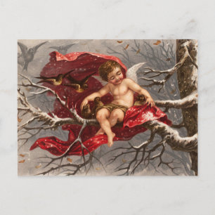Carte Postale CHÉRUBIN AILÉ SUR UN ARBRE D'HIVER AVEC OISEAUX No