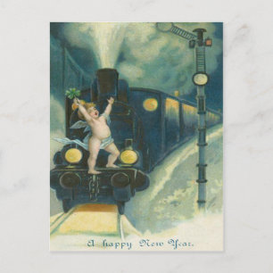 Carte Postale Chérubin Ange Trèfle à Quatre Feuilles Train