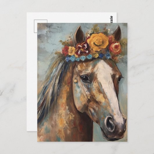 Carte Postale Cheval À Couronne Florale (Devant / Derrière)