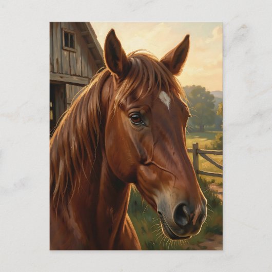 Carte Postale Cheval Alezan Heure Dorée Grange (Devant)